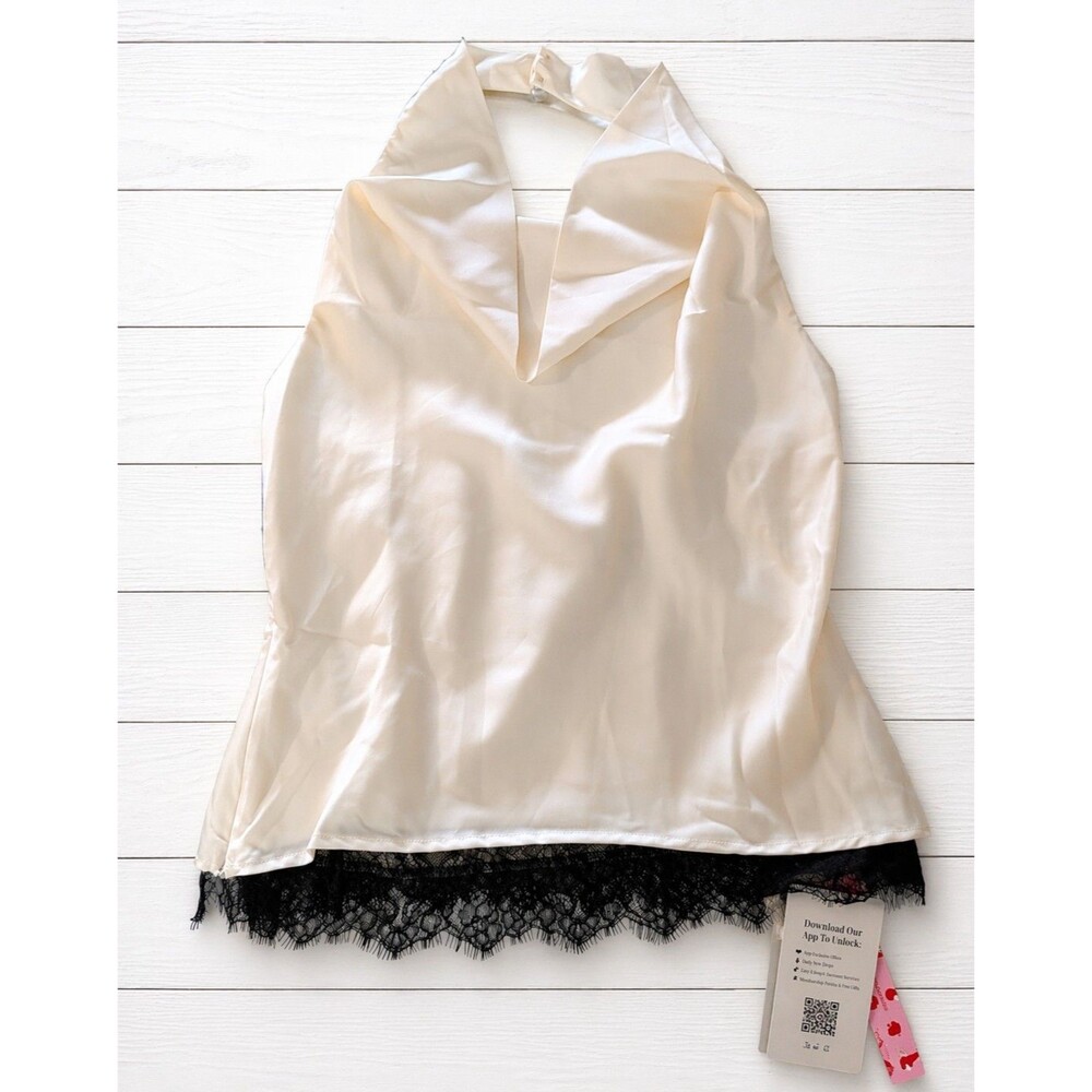Cider NWT Satin Halter Neck Lace Trim Ruched Top M